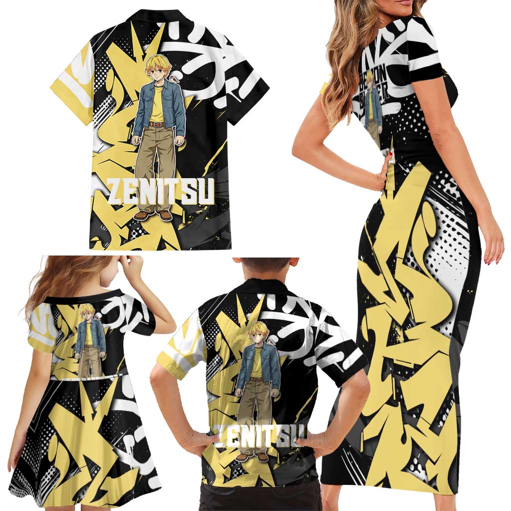 Agatsuma Zenitsu Demon Slayer Family Matching Short Sleeve Bodycon Dress and Hawaiian Shirt Yellow & Black Graffiti Anime