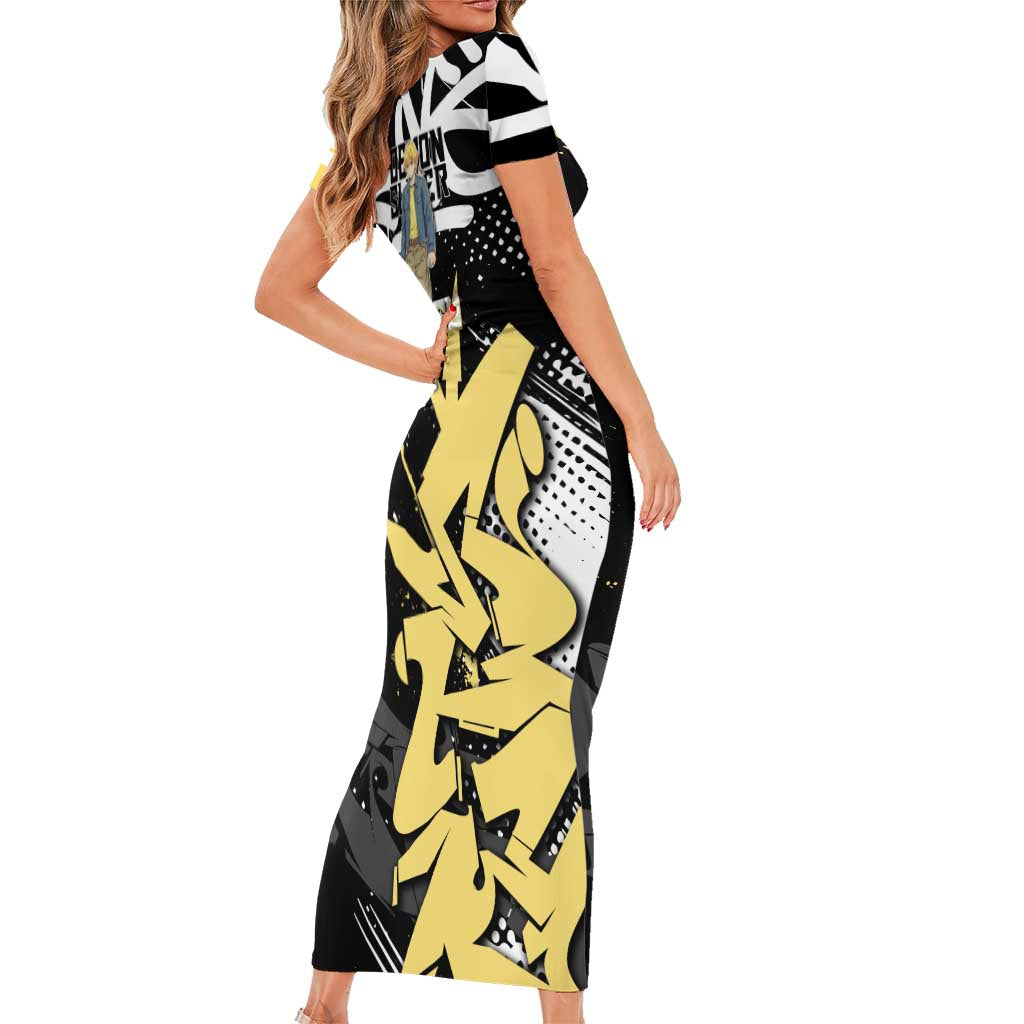 Agatsuma Zenitsu Demon Slayer Family Matching Short Sleeve Bodycon Dress and Hawaiian Shirt Yellow & Black Graffiti Anime