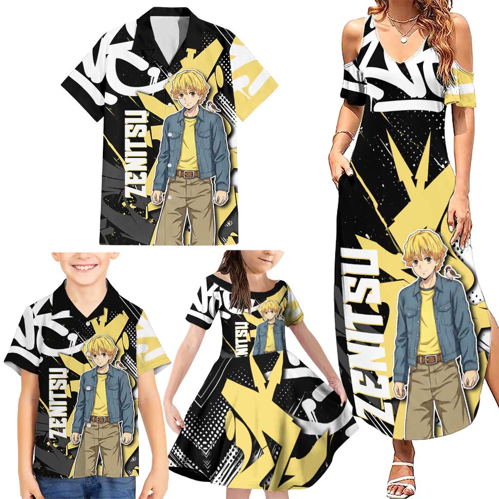 Agatsuma Zenitsu Demon Slayer Family Matching Summer Maxi Dress and Hawaiian Shirt Yellow & Black Graffiti Anime