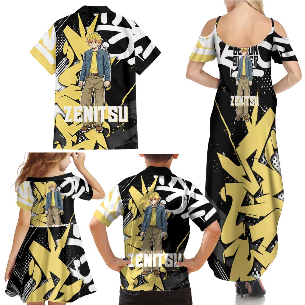 Agatsuma Zenitsu Demon Slayer Family Matching Summer Maxi Dress and Hawaiian Shirt Yellow & Black Graffiti Anime