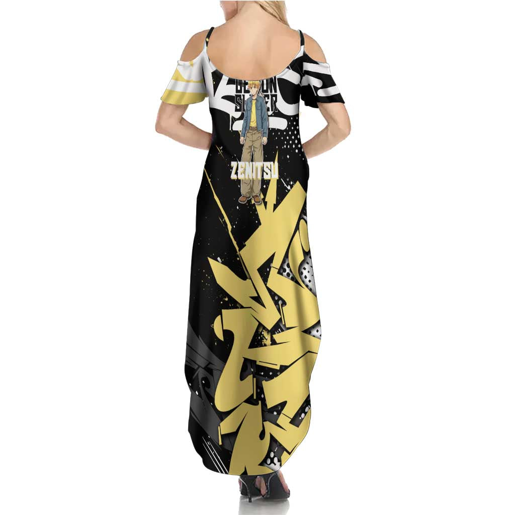 Agatsuma Zenitsu Demon Slayer Family Matching Summer Maxi Dress and Hawaiian Shirt Yellow & Black Graffiti Anime
