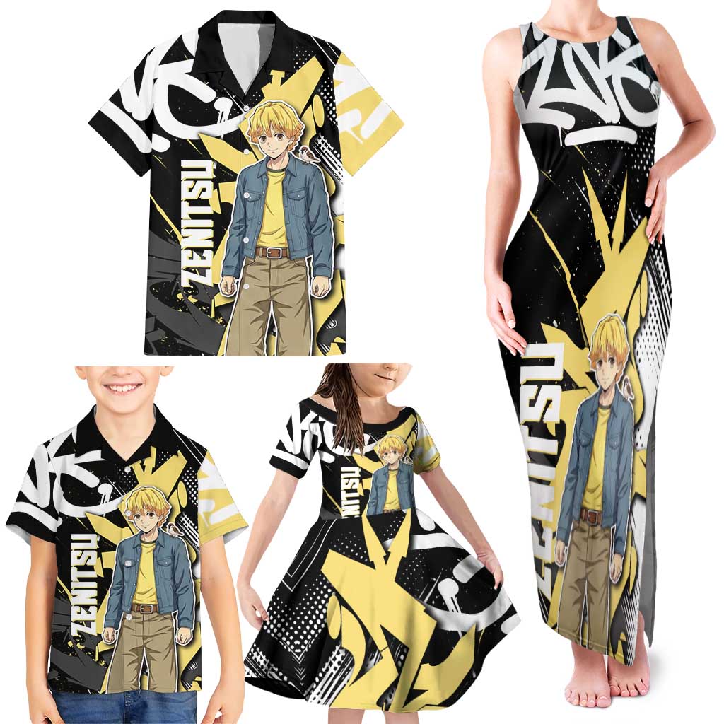 Agatsuma Zenitsu Demon Slayer Family Matching Tank Maxi Dress and Hawaiian Shirt Yellow & Black Graffiti Anime
