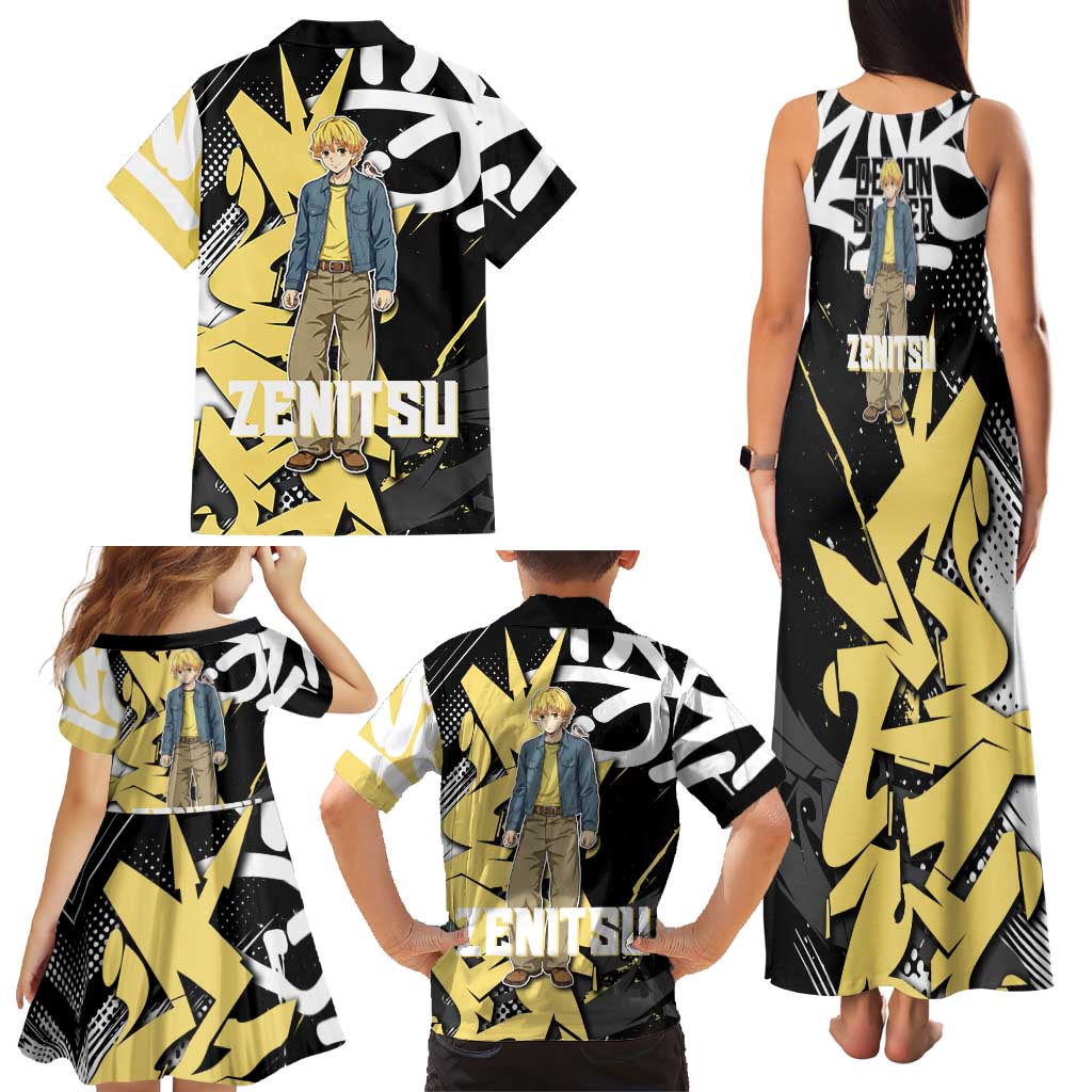 Agatsuma Zenitsu Demon Slayer Family Matching Tank Maxi Dress and Hawaiian Shirt Yellow & Black Graffiti Anime
