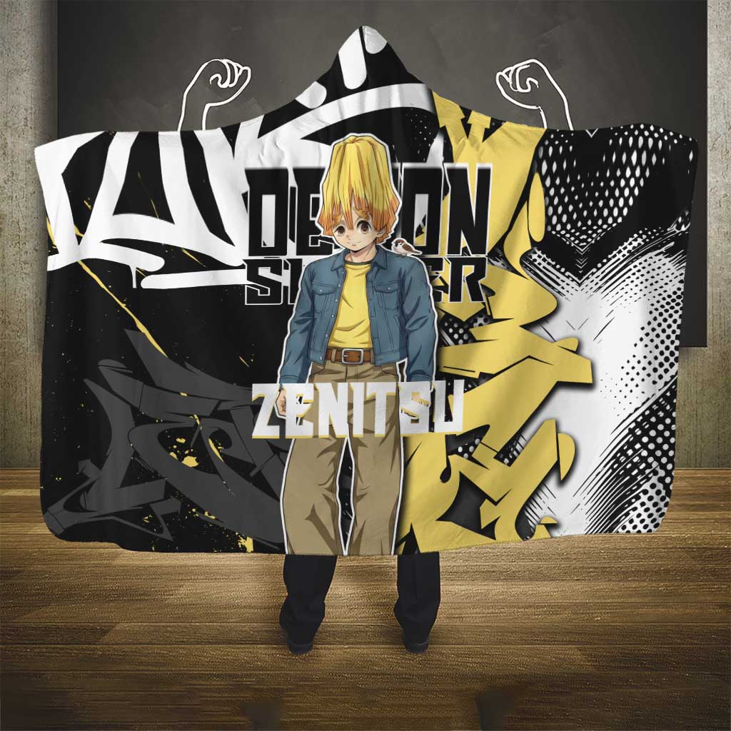 Agatsuma Zenitsu Demon Slayer Hooded Blanket Yellow & Black Graffiti Anime