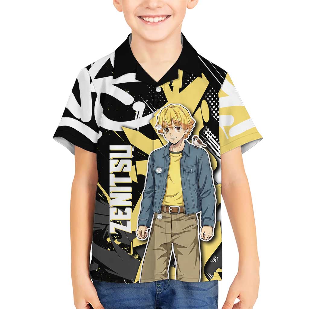 Agatsuma Zenitsu Demon Slayer Kid Hawaiian Shirt Yellow & Black Graffiti Anime