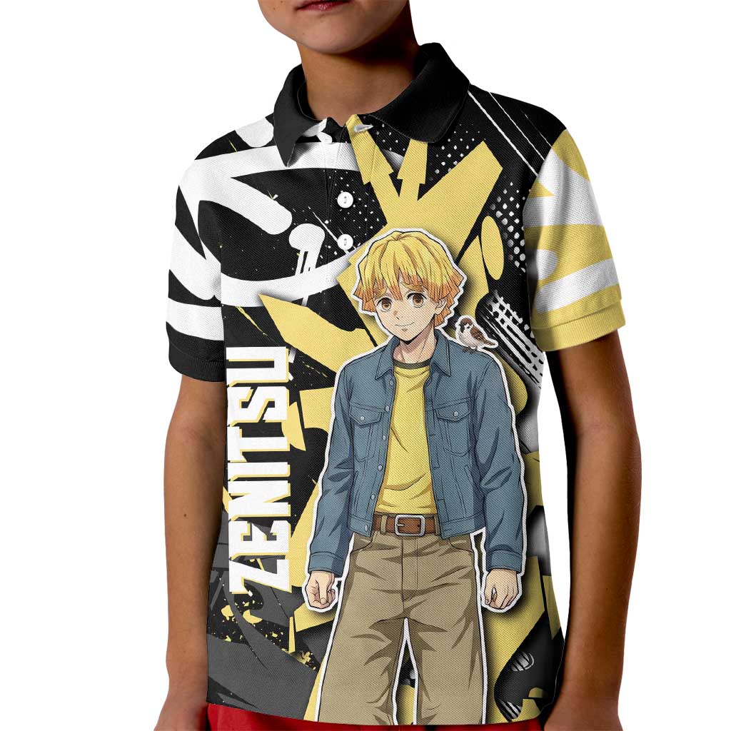 Agatsuma Zenitsu Demon Slayer Kid Polo Shirt Yellow & Black Graffiti Anime