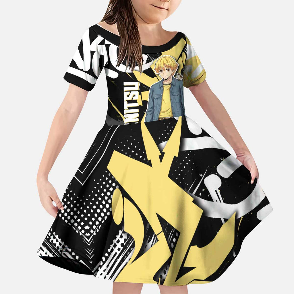 Agatsuma Zenitsu Demon Slayer Kid Short Sleeve Dress Yellow & Black Graffiti Anime