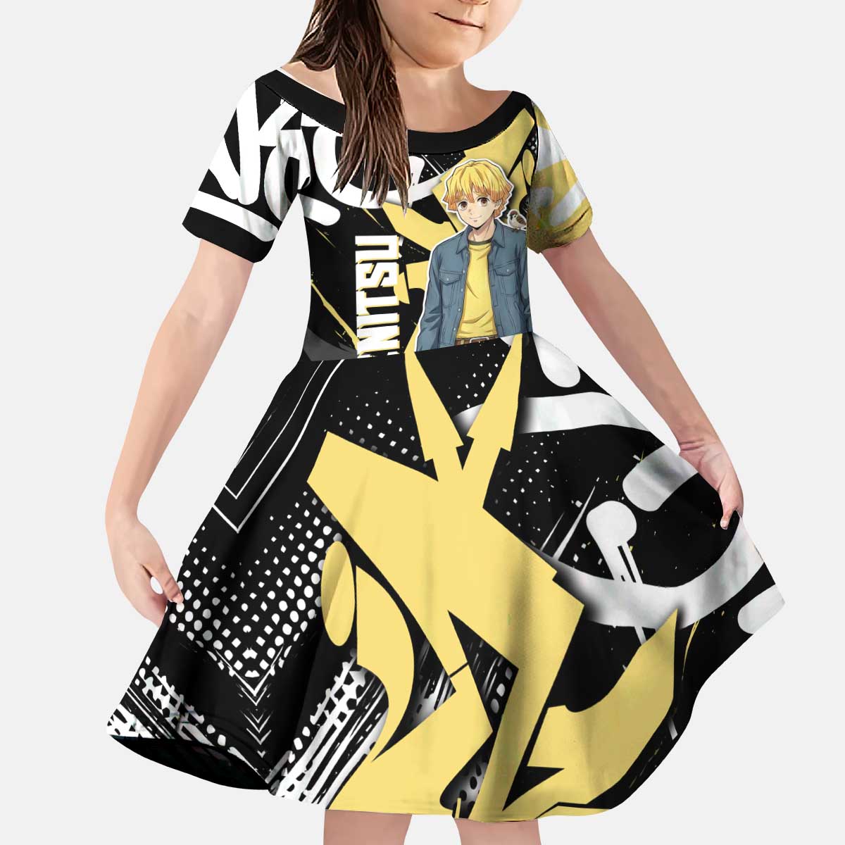 Agatsuma Zenitsu Demon Slayer Kid Short Sleeve Dress Yellow & Black Graffiti Anime