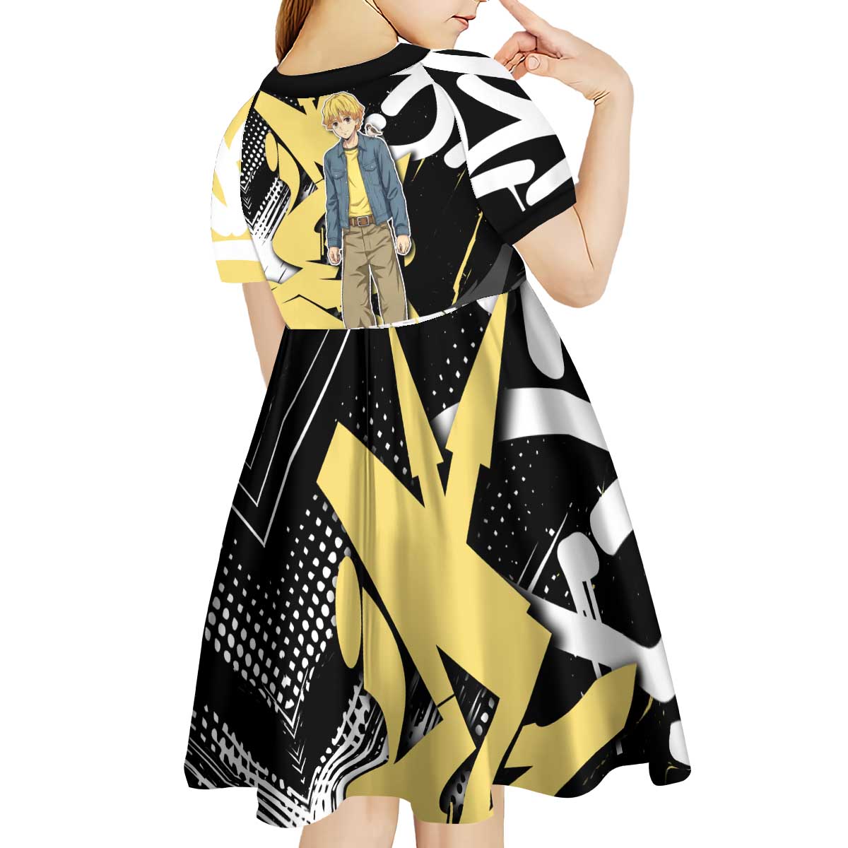 Agatsuma Zenitsu Demon Slayer Kid Short Sleeve Dress Yellow & Black Graffiti Anime