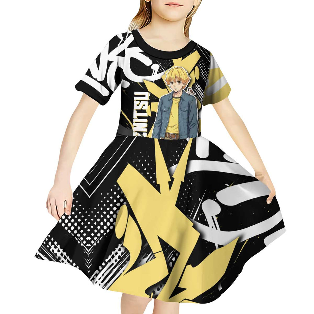 Agatsuma Zenitsu Demon Slayer Kid Short Sleeve Dress Yellow & Black Graffiti Anime