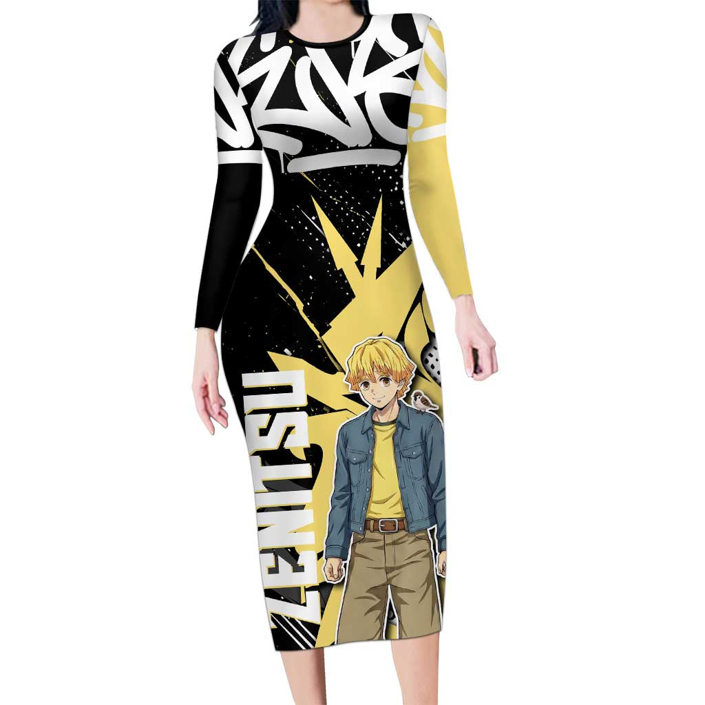 Agatsuma Zenitsu Demon Slayer Long Sleeve Bodycon Dress Yellow & Black Graffiti Anime