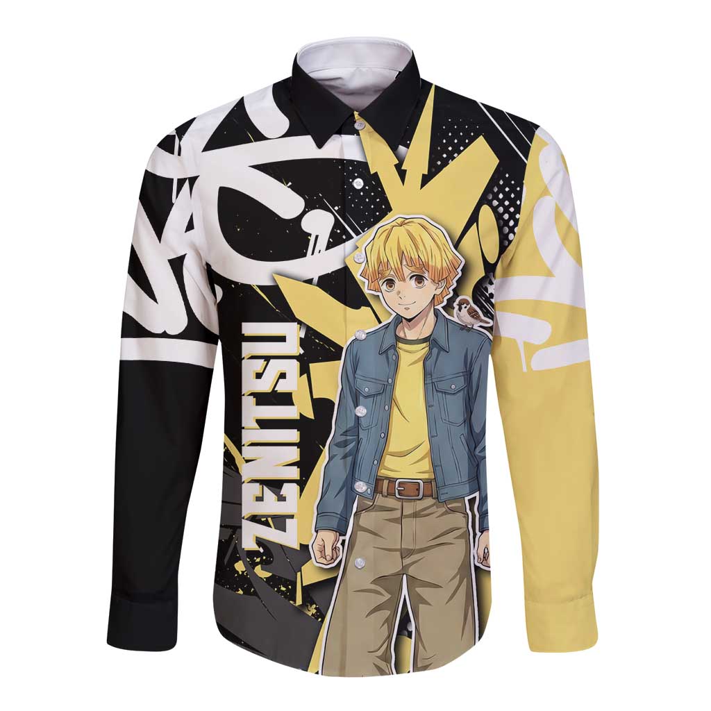 Agatsuma Zenitsu Demon Slayer Long Sleeve Button Shirt Yellow & Black Graffiti Anime