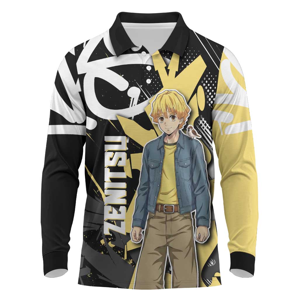 Agatsuma Zenitsu Demon Slayer Long Sleeve Polo Shirt Yellow & Black Graffiti Anime
