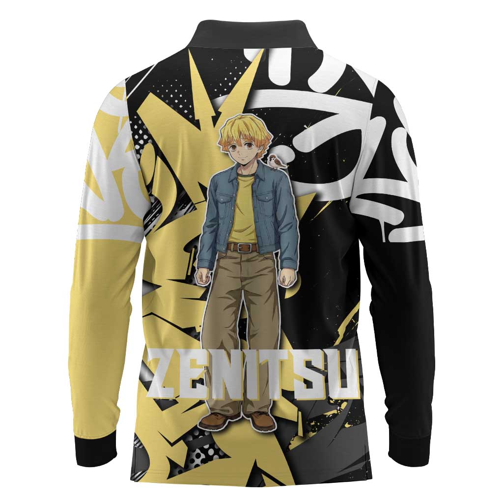 Agatsuma Zenitsu Demon Slayer Long Sleeve Polo Shirt Yellow & Black Graffiti Anime