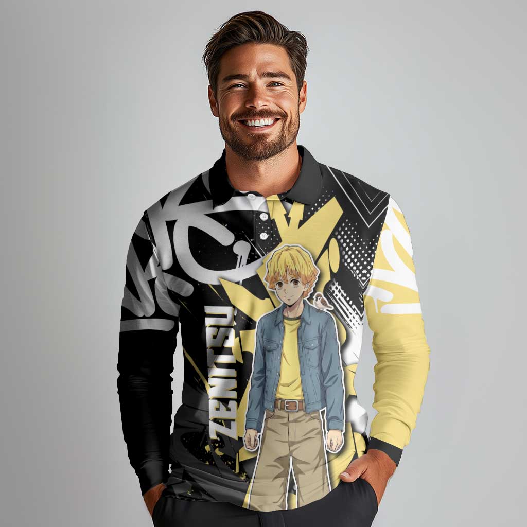 Agatsuma Zenitsu Demon Slayer Long Sleeve Polo Shirt Yellow & Black Graffiti Anime
