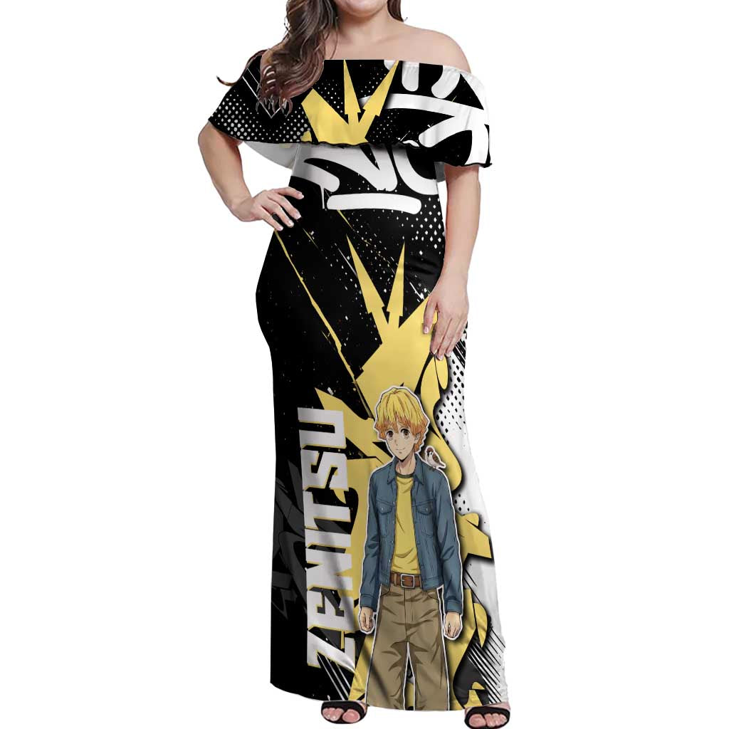 Agatsuma Zenitsu Demon Slayer Off Shoulder Maxi Dress Yellow & Black Graffiti Anime