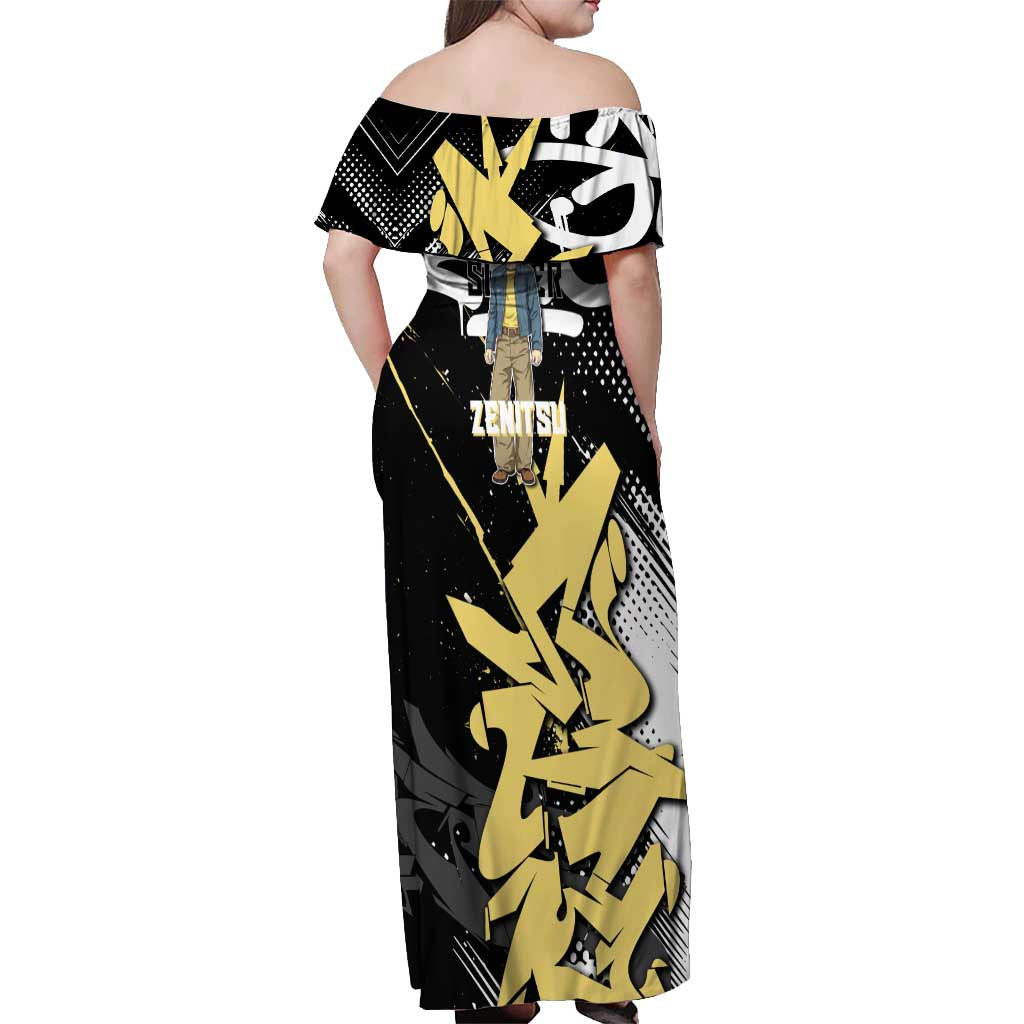 Agatsuma Zenitsu Demon Slayer Off Shoulder Maxi Dress Yellow & Black Graffiti Anime