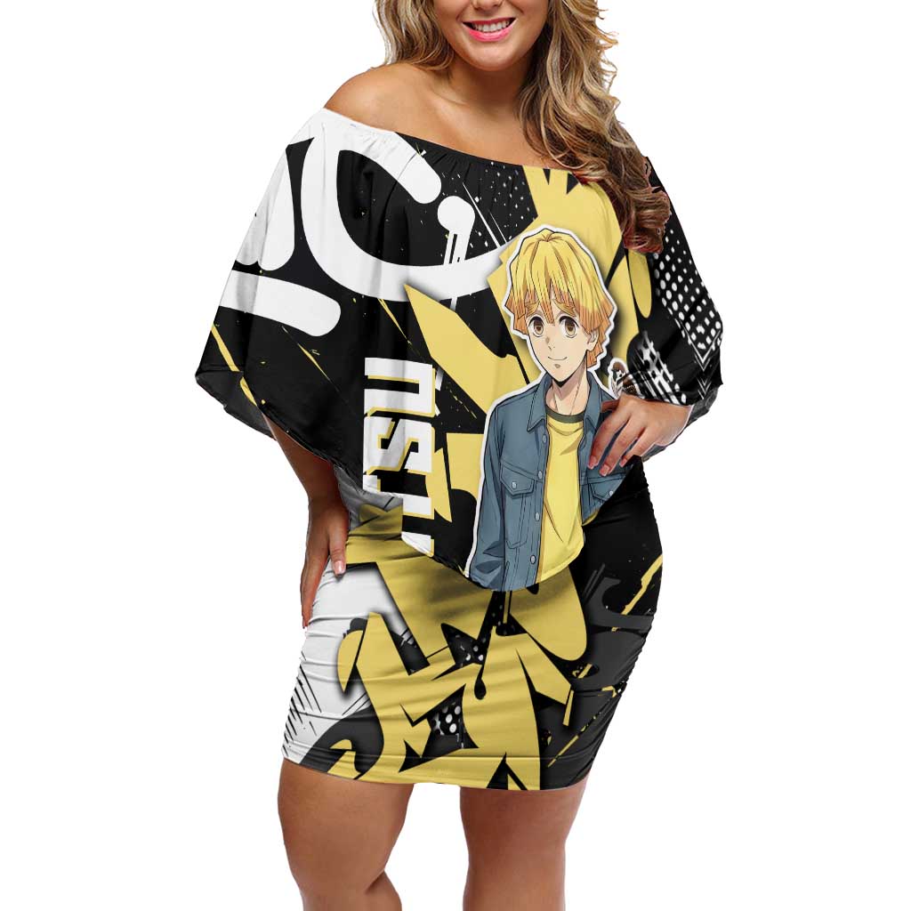 Agatsuma Zenitsu Demon Slayer Off Shoulder Short Dress Yellow & Black Graffiti Anime