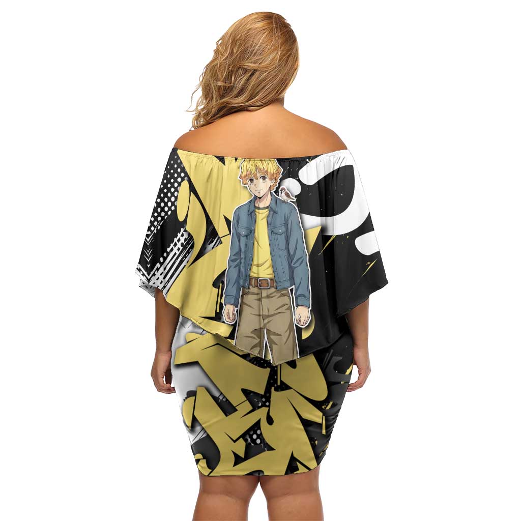 Agatsuma Zenitsu Demon Slayer Off Shoulder Short Dress Yellow & Black Graffiti Anime