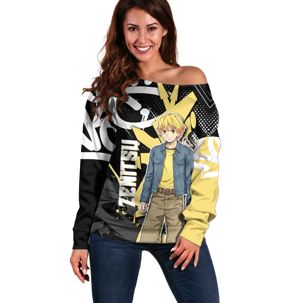 Agatsuma Zenitsu Demon Slayer Off Shoulder Sweater Yellow & Black Graffiti Anime