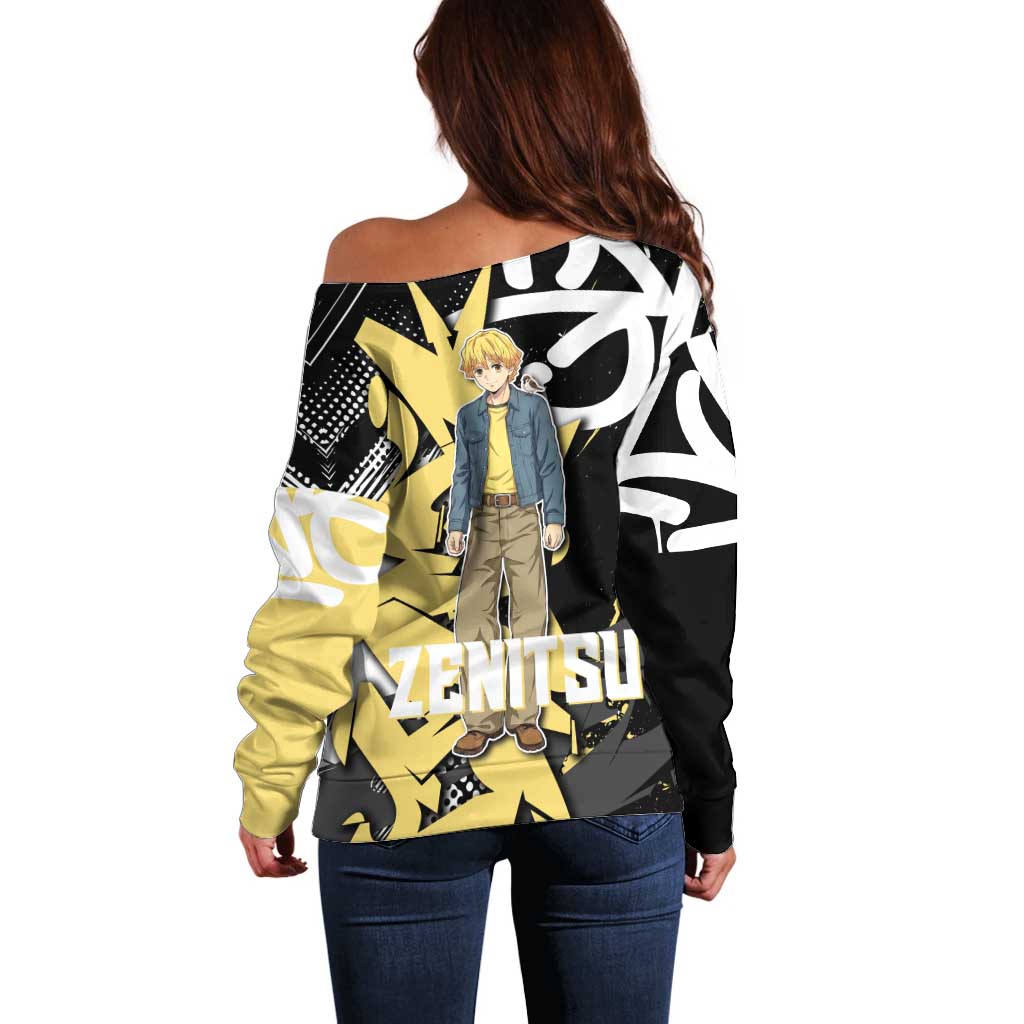 Agatsuma Zenitsu Demon Slayer Off Shoulder Sweater Yellow & Black Graffiti Anime