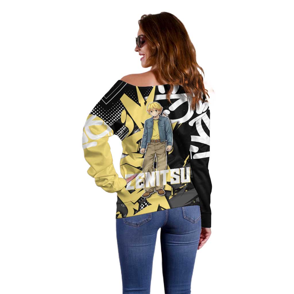 Agatsuma Zenitsu Demon Slayer Off Shoulder Sweater Yellow & Black Graffiti Anime