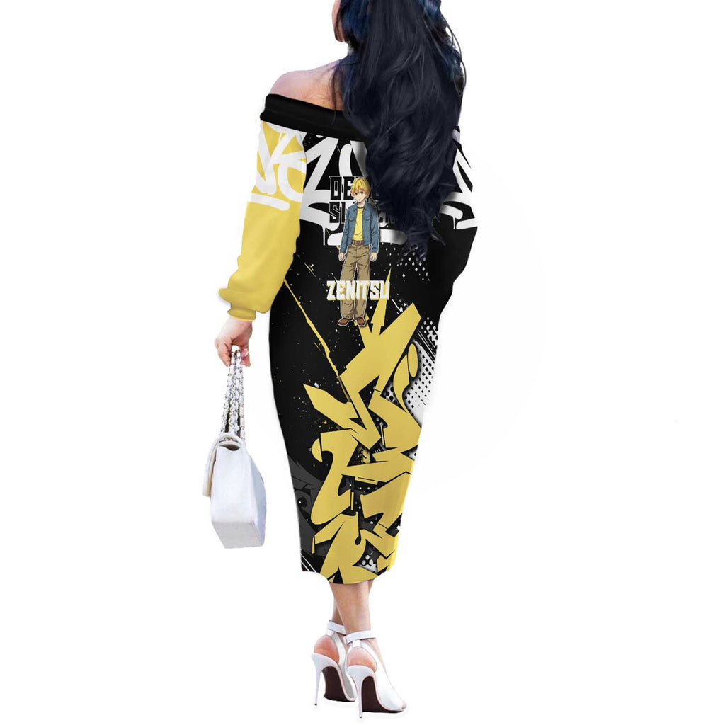 Agatsuma Zenitsu Demon Slayer Off The Shoulder Long Sleeve Dress Yellow & Black Graffiti Anime