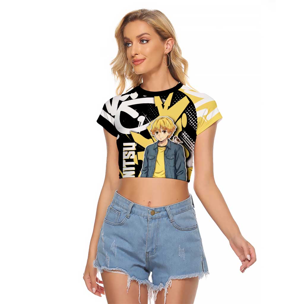 Agatsuma Zenitsu Demon Slayer Raglan Cropped T Shirt Yellow & Black Graffiti Anime