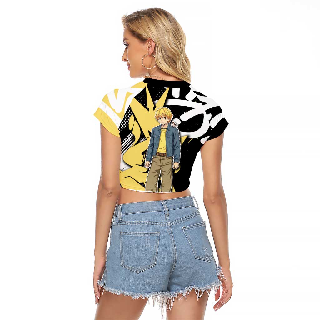 Agatsuma Zenitsu Demon Slayer Raglan Cropped T Shirt Yellow & Black Graffiti Anime