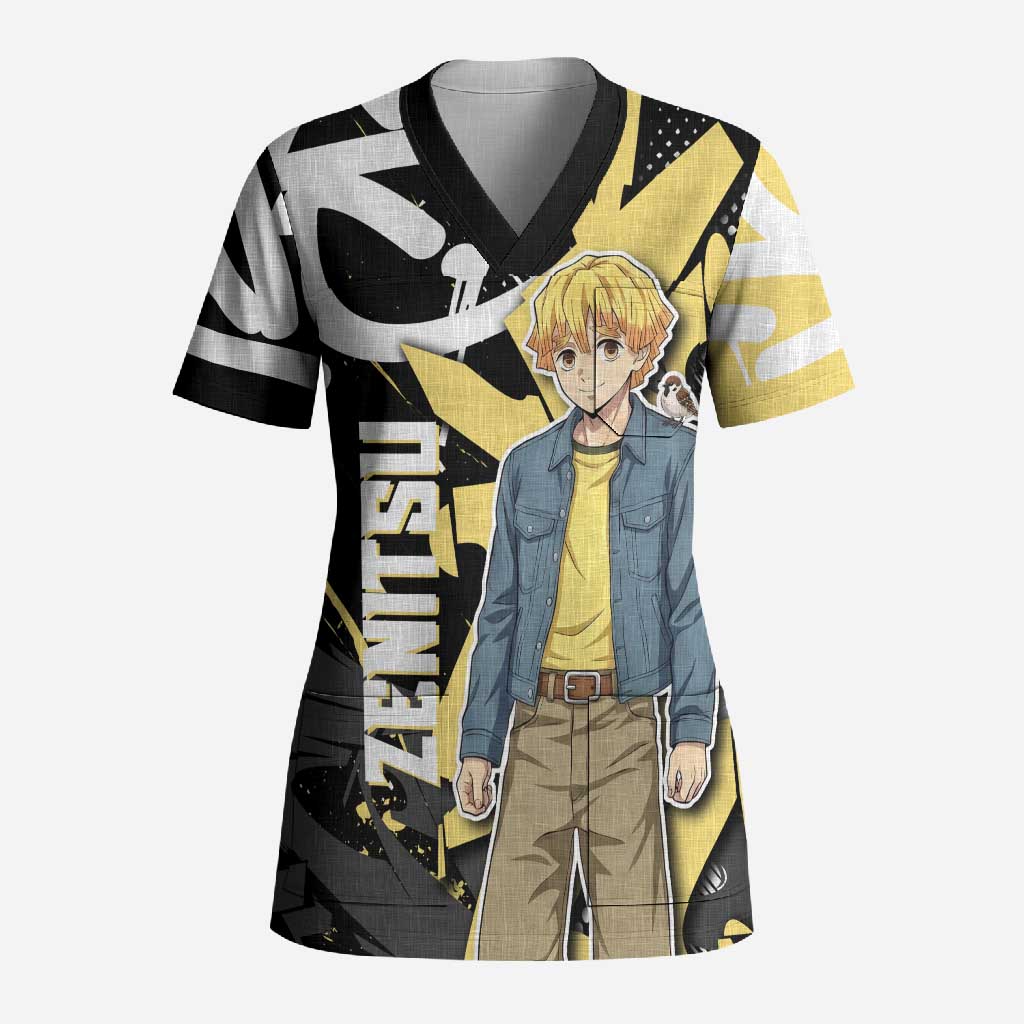 Agatsuma Zenitsu Demon Slayer Scrub Top Yellow & Black Graffiti Anime