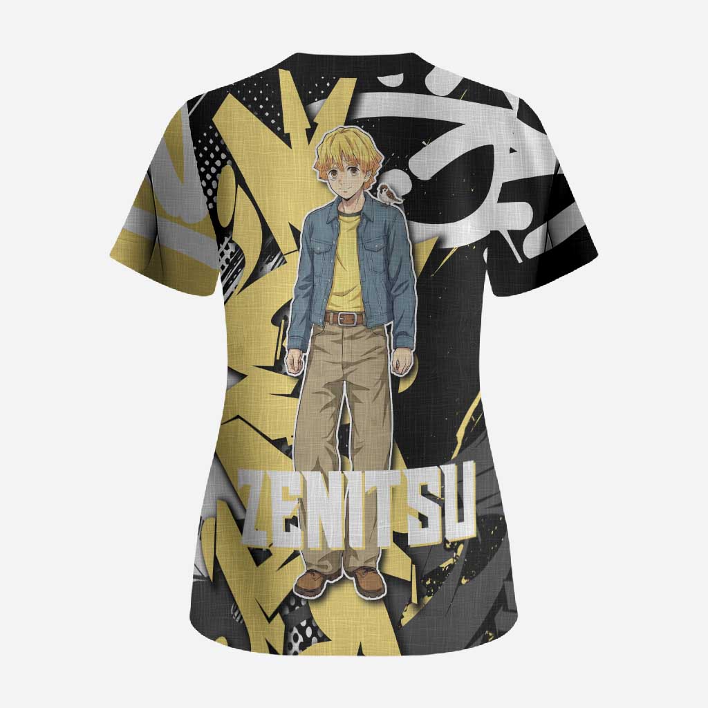 Agatsuma Zenitsu Demon Slayer Scrub Top Yellow & Black Graffiti Anime