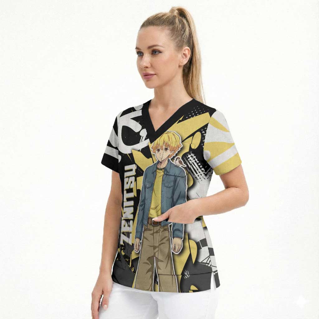Agatsuma Zenitsu Demon Slayer Scrub Top Yellow & Black Graffiti Anime