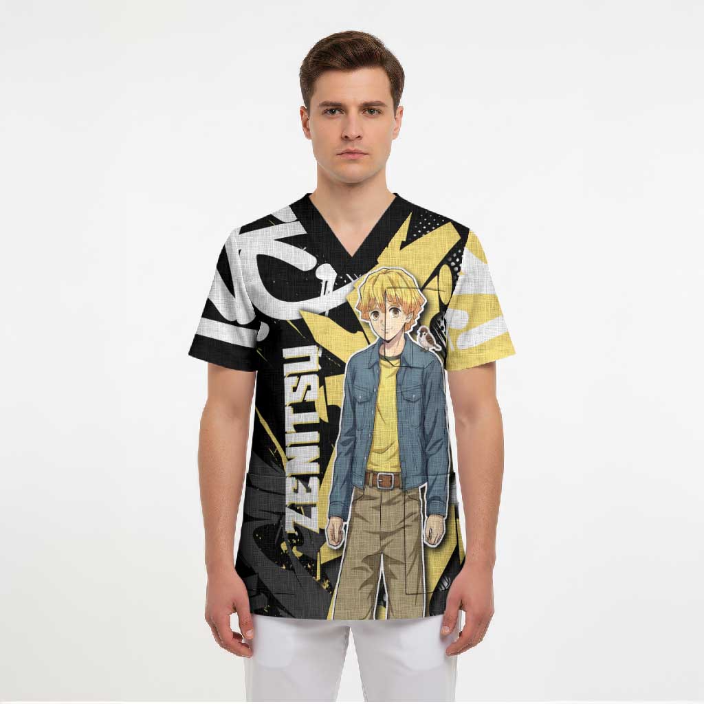 Agatsuma Zenitsu Demon Slayer Scrub Top Yellow & Black Graffiti Anime