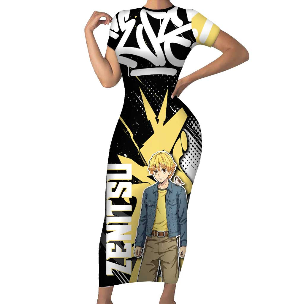 Agatsuma Zenitsu Demon Slayer Short Sleeve Bodycon Dress Yellow & Black Graffiti Anime
