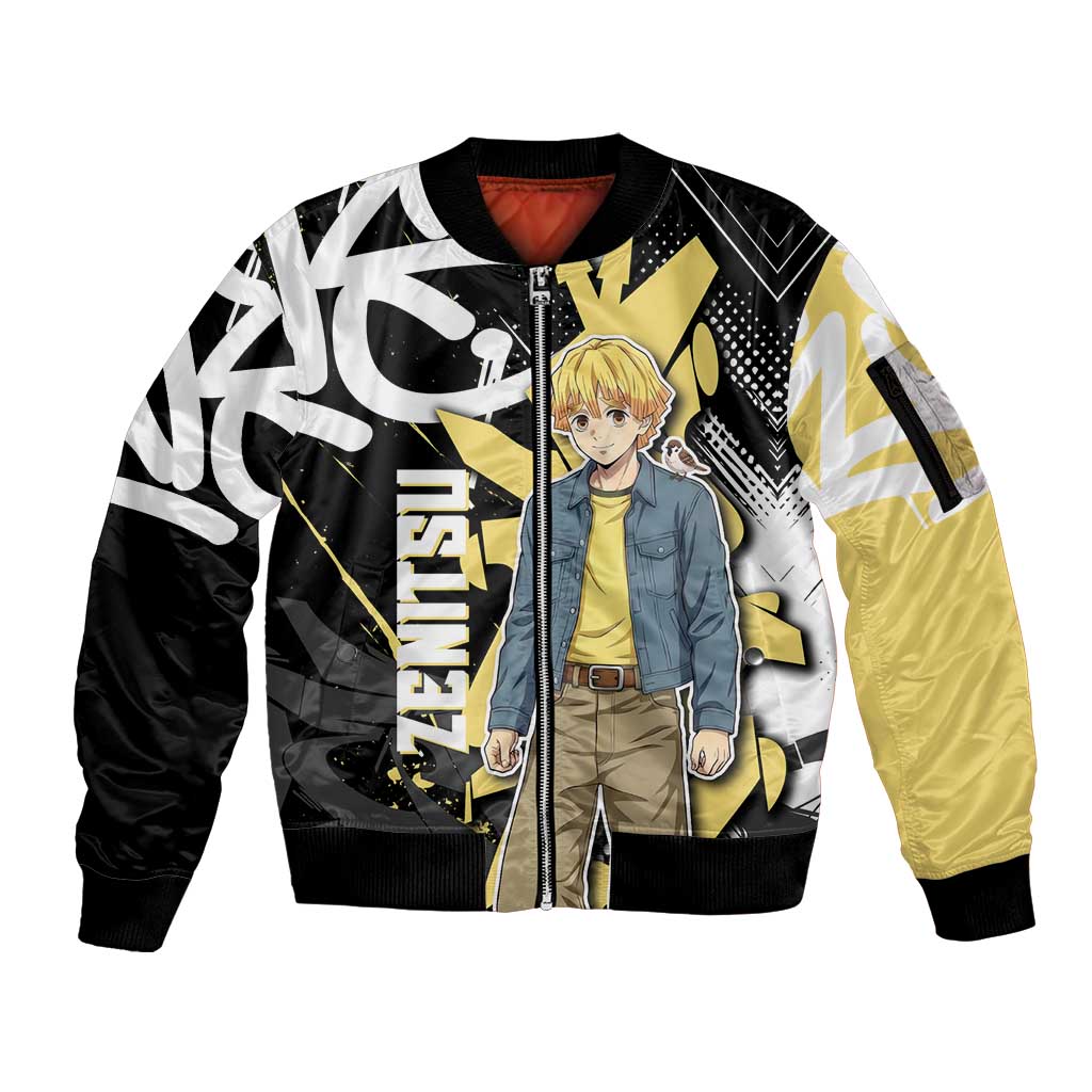 Agatsuma Zenitsu Demon Slayer Sleeve Zip Bomber Jacket Yellow & Black Graffiti Anime