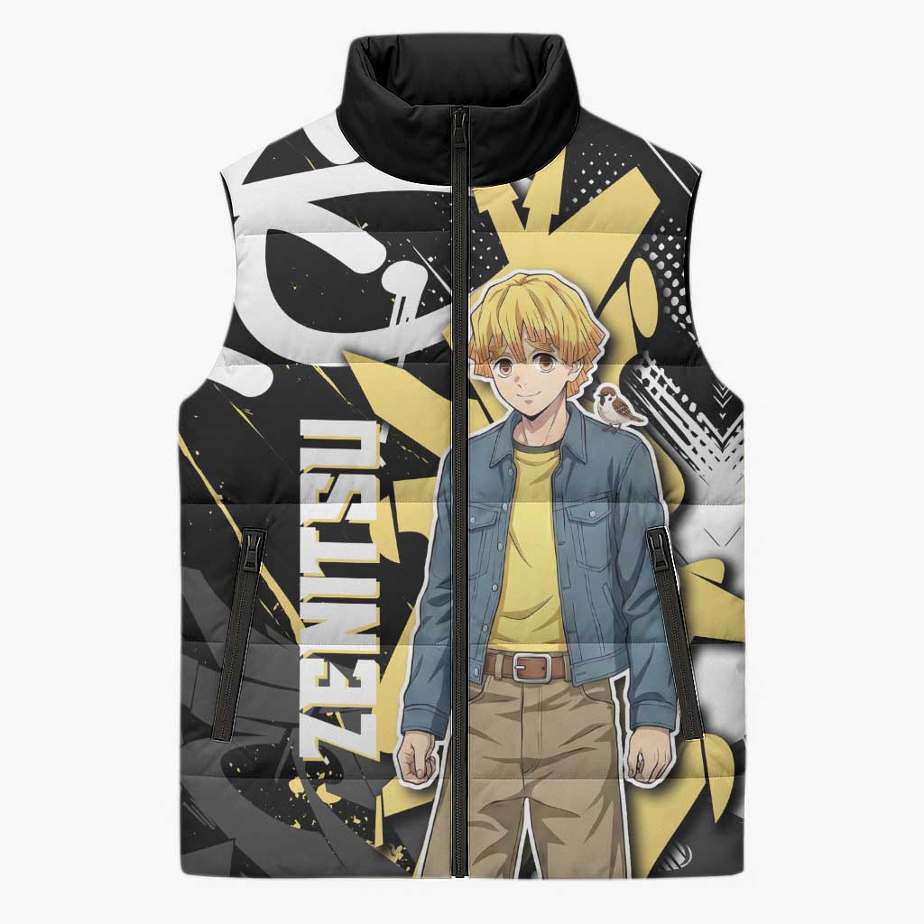 Agatsuma Zenitsu Demon Slayer Sleeveless Puffer Jacket Yellow & Black Graffiti Anime