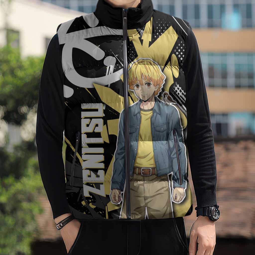 Agatsuma Zenitsu Demon Slayer Sleeveless Puffer Jacket Yellow & Black Graffiti Anime