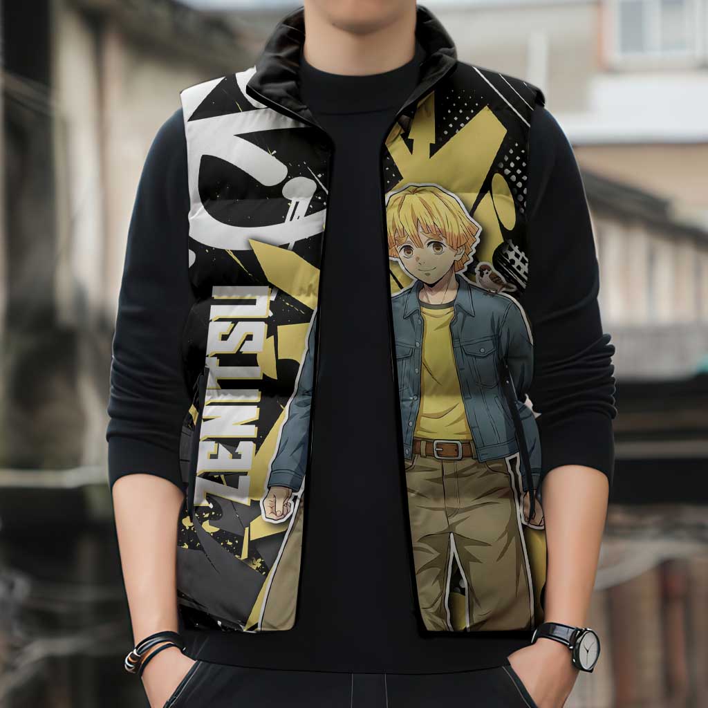 Agatsuma Zenitsu Demon Slayer Sleeveless Puffer Jacket Yellow & Black Graffiti Anime