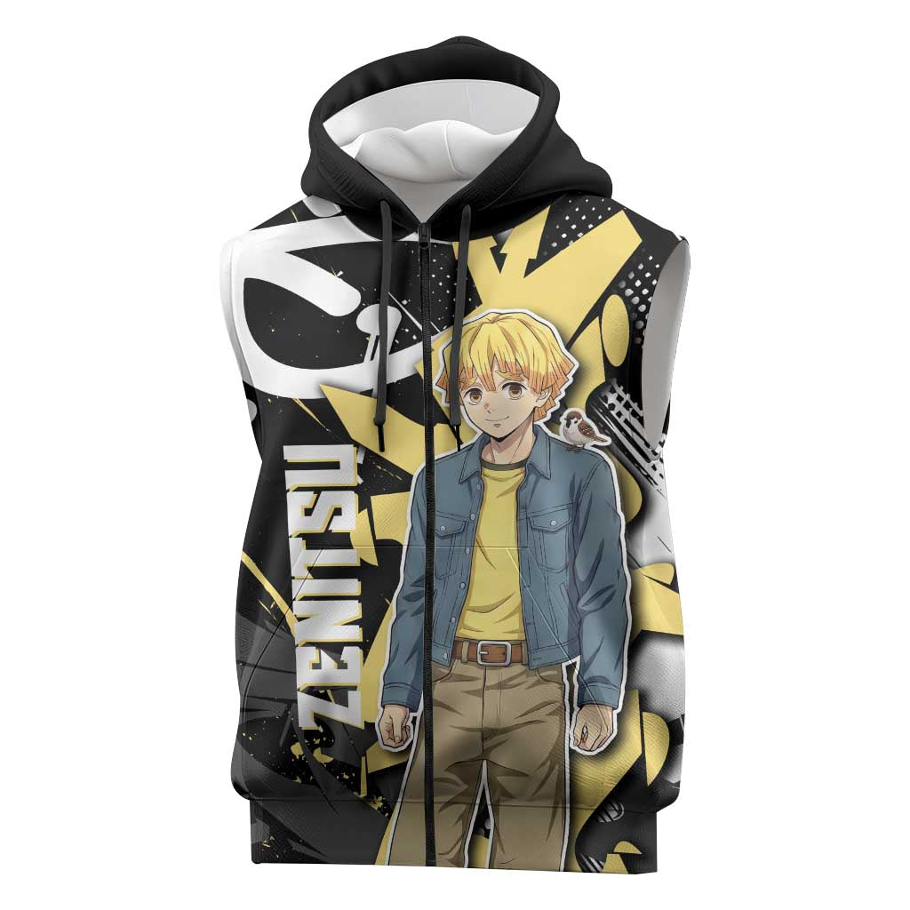 Agatsuma Zenitsu Demon Slayer Sleeveless Zip Hoodie Yellow & Black Graffiti Anime