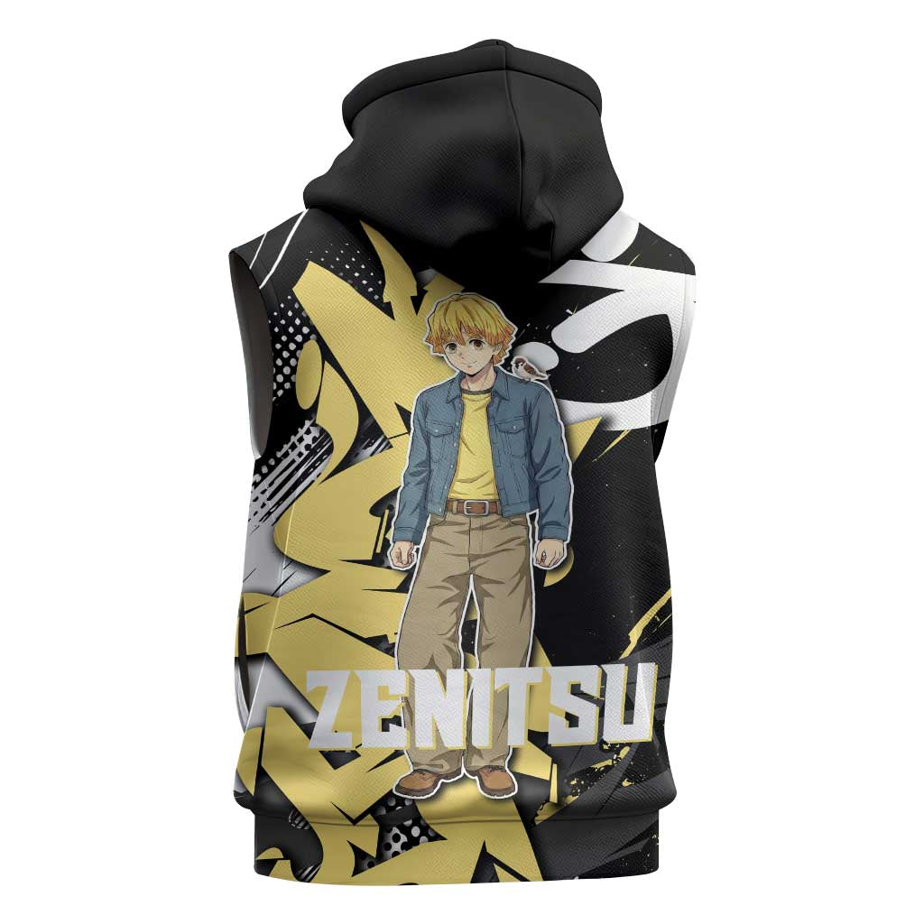 Agatsuma Zenitsu Demon Slayer Sleeveless Zip Hoodie Yellow & Black Graffiti Anime