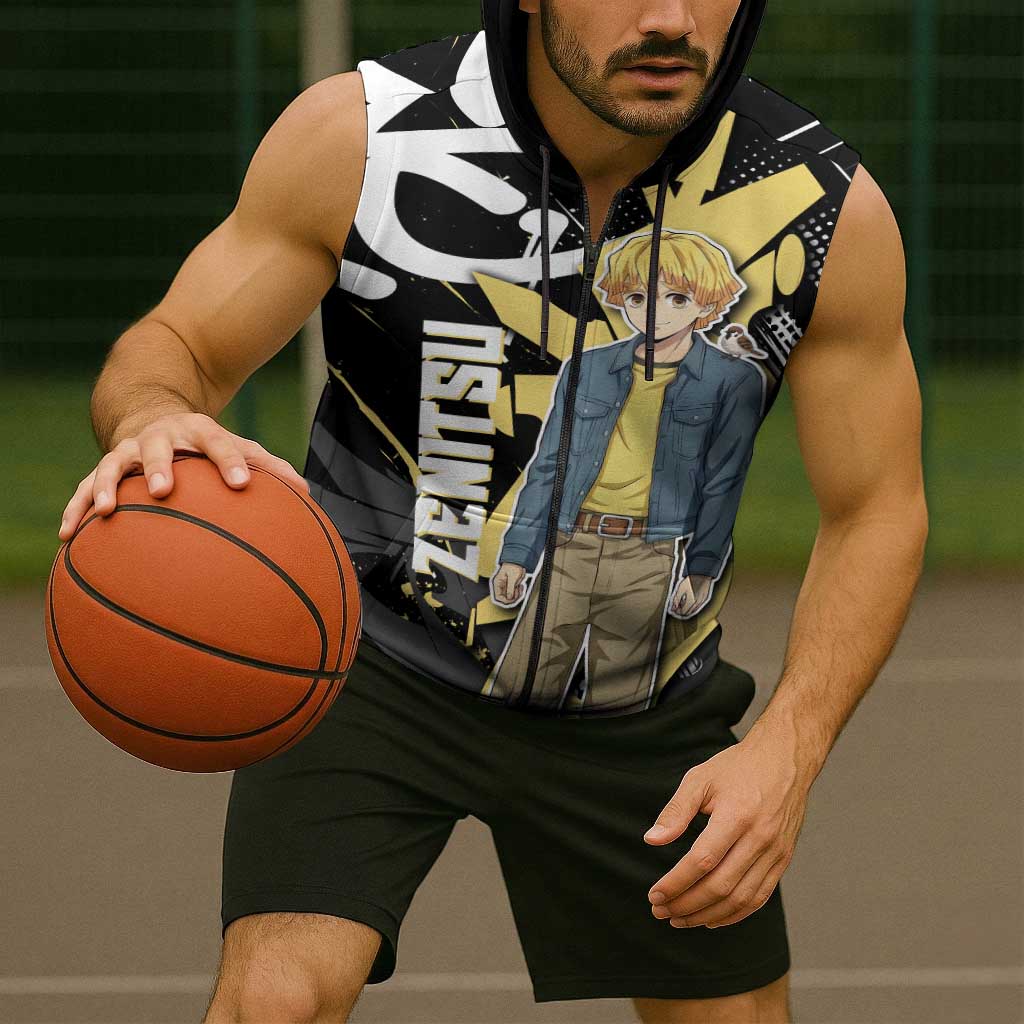 Agatsuma Zenitsu Demon Slayer Sleeveless Zip Hoodie Yellow & Black Graffiti Anime