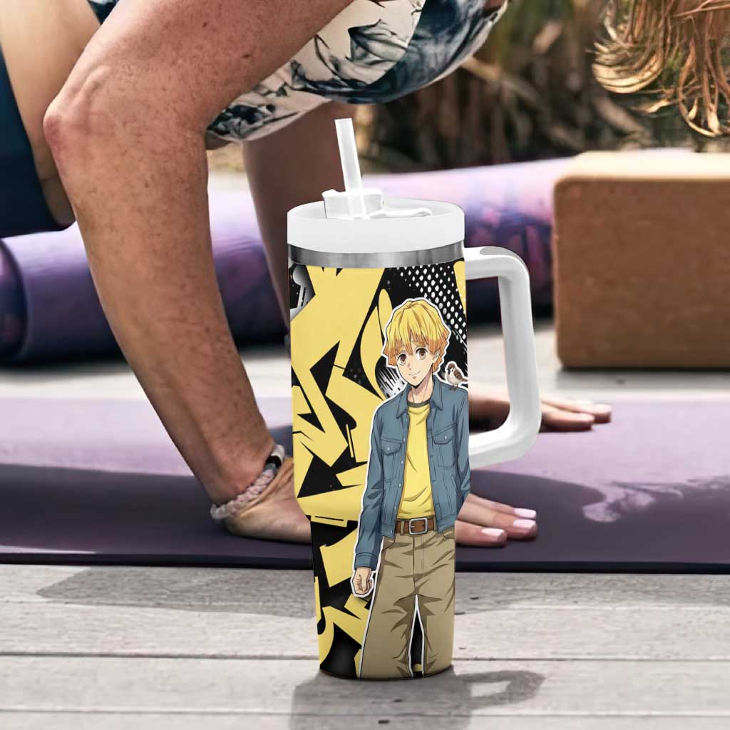 Agatsuma Zenitsu Demon Slayer Tumbler With Handle Yellow & Black Graffiti Anime