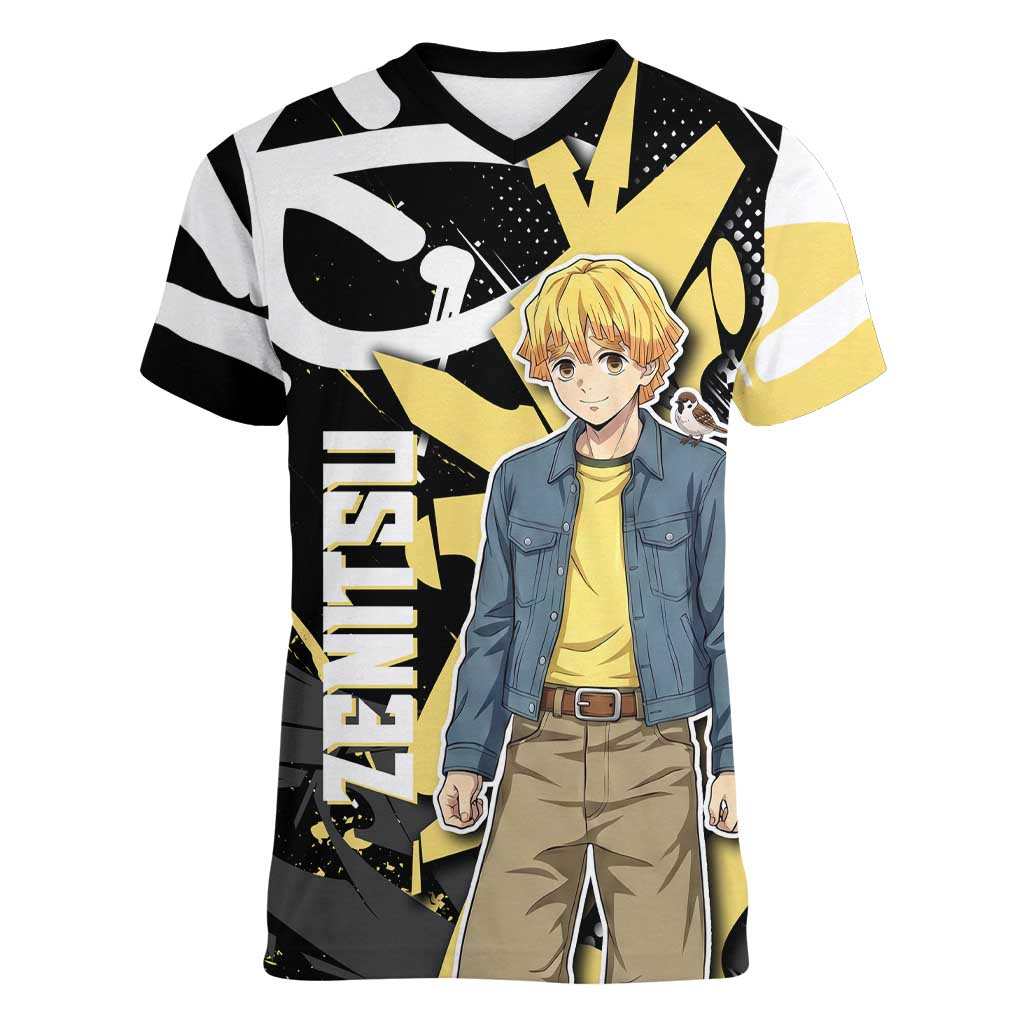 Agatsuma Zenitsu Demon Slayer Women V-Neck T-Shirt Yellow & Black Graffiti Anime