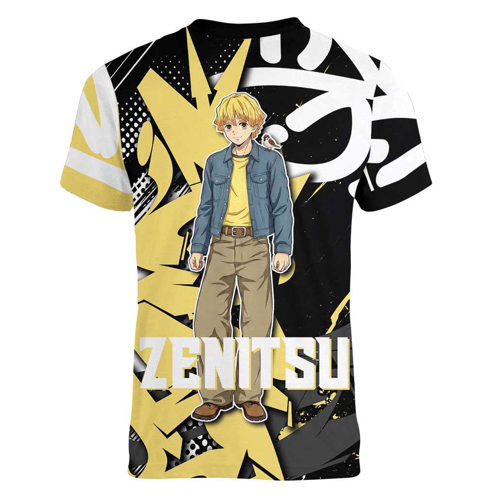 Agatsuma Zenitsu Demon Slayer Women V-Neck T-Shirt Yellow & Black Graffiti Anime