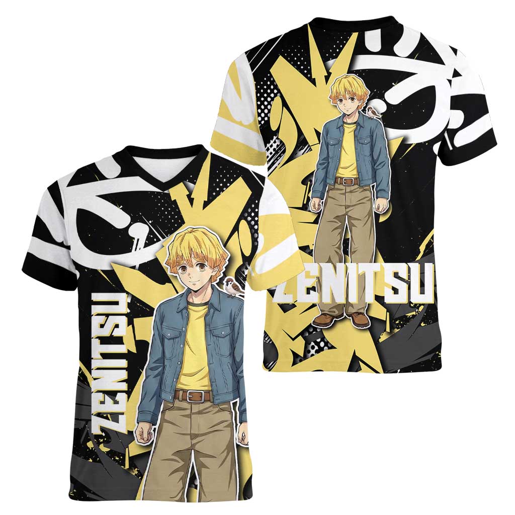 Agatsuma Zenitsu Demon Slayer Women V-Neck T-Shirt Yellow & Black Graffiti Anime