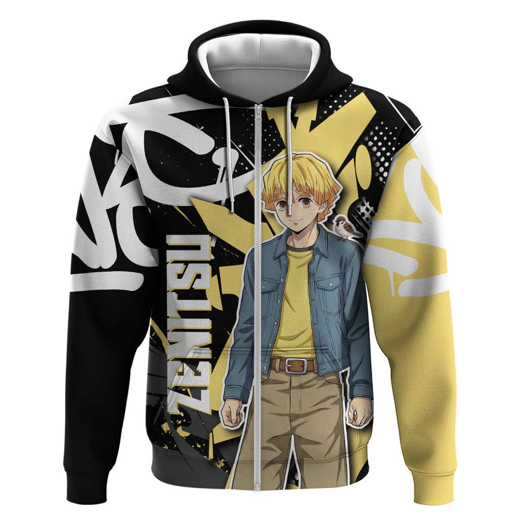 Agatsuma Zenitsu Demon Slayer Zip Hoodie Yellow & Black Graffiti Anime