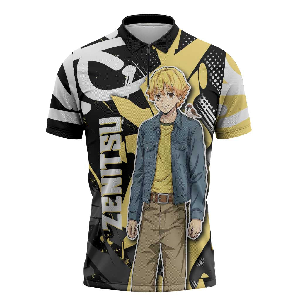 Agatsuma Zenitsu Demon Slayer Zipper Polo Shirt Yellow & Black Graffiti Anime