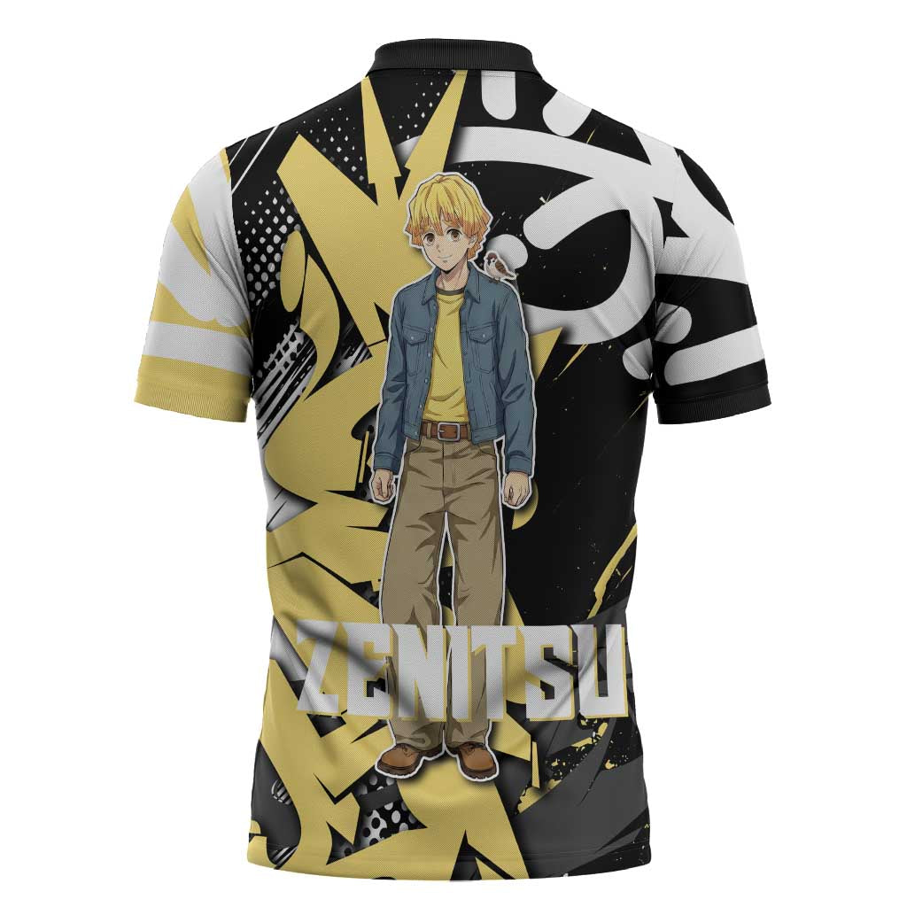 Agatsuma Zenitsu Demon Slayer Zipper Polo Shirt Yellow & Black Graffiti Anime