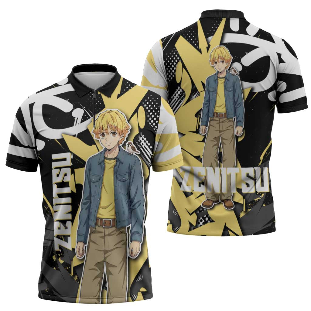 Agatsuma Zenitsu Demon Slayer Zipper Polo Shirt Yellow & Black Graffiti Anime