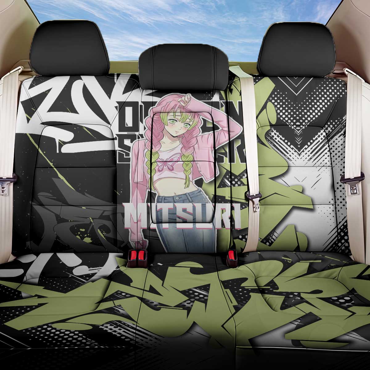 Mitsuri Kanroji Demon Slayer Back Car Seat Cover Green & Black Graffiti Anime